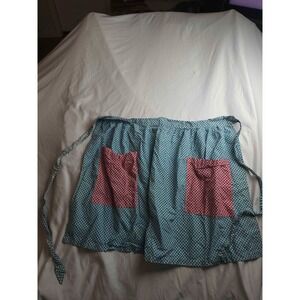 Womens Waist Half Apron Blue Red Geometric Tie Back Patch Pocket Cooking Kitchen